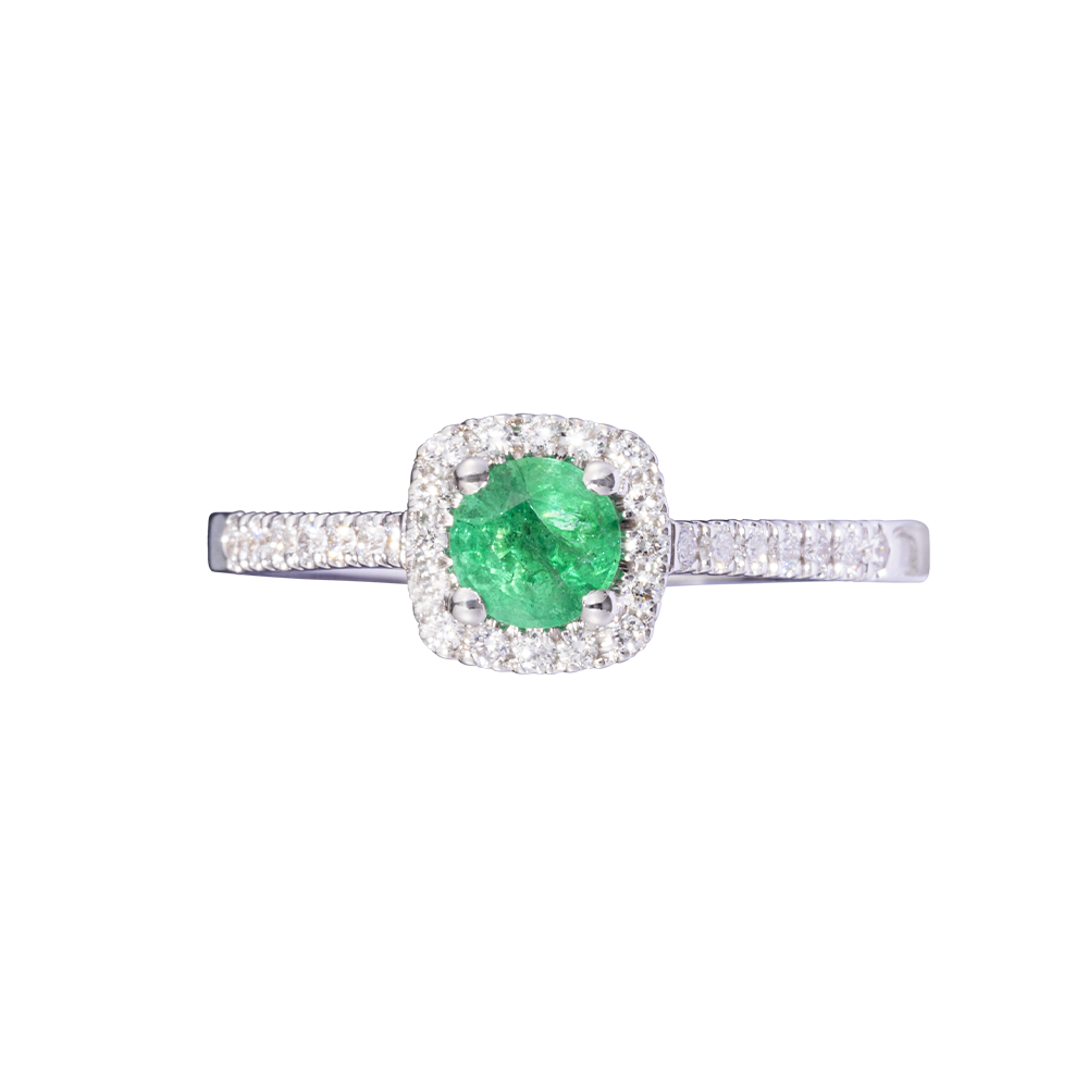 Anillo Oro Blanco con Diamantes y Esmeraldas