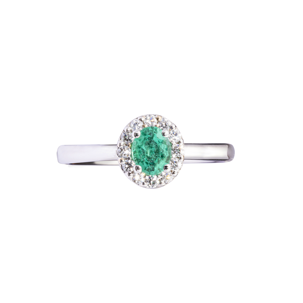 Anillo Oro Blanco con Diamantes y Esmeraldas