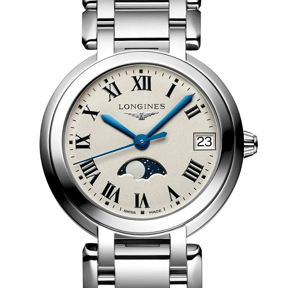 LONGINES PRIMALUNA MOONPHASE, L8.116.4.71.6, reloj cuarzo, Ø 34.00 mm, acero inoxidable.