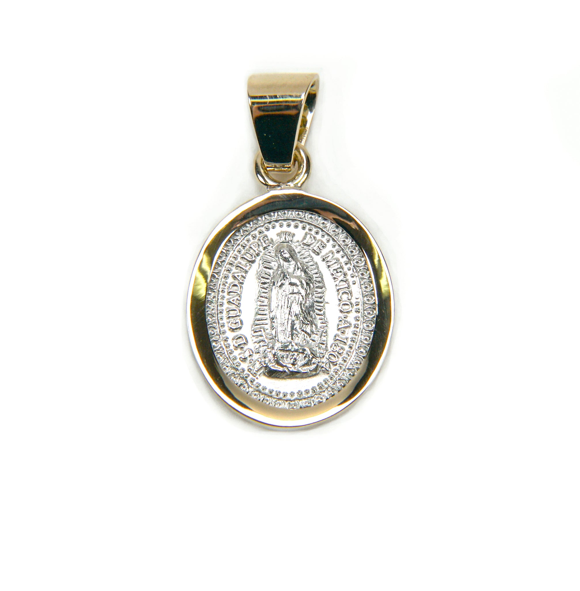 Oval 4: Medalla de Guadalupe en Plata con Bisel de Oro 14k tamaño chico
